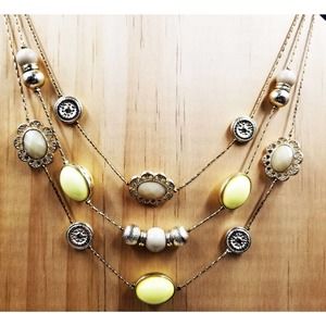 New York & Co Triple Strand Goldtone Beige Yellow Oval Beads Statement Necklace
